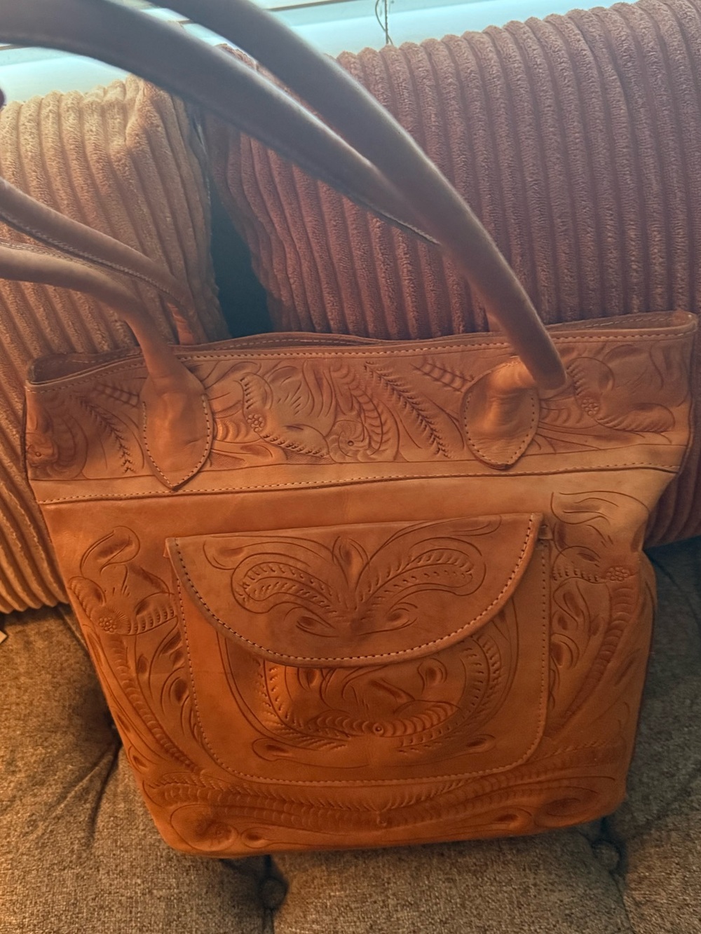 Hand-Tooled Leather Tote Bag in Tan
